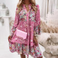 Miniatyrbilde 4 av 7: Kvinner sommer langarmede kjoler Blomstrete print strand Minikjole Pink L