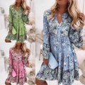 Miniatyrbilde 3 av 3: Kvinner sommerlige langermede kjoler Blomstrete print strand Minikjole Green 3XL