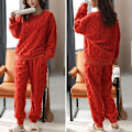 Miniatyrbillede 2 af 3: HAUFR Dame Fluffy Fleece Pyjamas Sæt 2 dele Varm Fleece Pyjamas Sæt Bløde Nattøj Langærmede Crewneck Lommer Bukser Y Orange X-Large