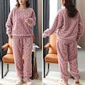 Miniatyrbillede 2 af 3: HAUFR Dame Fluffy Fleece Pyjamas Sæt 2 dele Varm Fleece Pyjamas Sæt Bløde Nattøj Langærmede Crewneck Lommer Bukser Y Pink X-Large
