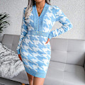 Miniatyrbillede 2 af 4: Houndstooth Print Trøje Kjole V-hals Langærmet Strikket Bodycon Kjole Til Dame Light Blue M