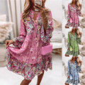 Miniatyrbilde 7 av 7: Kvinner sommer langarmede kjoler Blomstrete print strand Minikjole Pink L