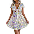 Miniatyrbillede 1 af 2: Kvindernes Boho Lagdelt Mini Kort Kjole Dyb V-hals Binde Foran Udvidet Kjole W XL