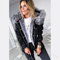 Miniatyrbillede 1 af 4: Vinter Tyk Jeansjakke Dame Casual Langærmet Pels Krave Hooded Varm Frakke W Black 2XL