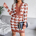 Miniatyrbillede 2 af 3: Houndstooth Print Kjole Kjole V-hals Langærmet Strikket Bodycon Kjole Til Kvinder Brown M