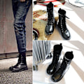 Pikkukuva 4 / 5: Pitsi Pu Nahkasaappaat Naiset Block Heel Mid Calf Kengät Gothic Punk Low Heel Saappaat W 41