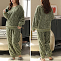 Miniatyrbillede 2 af 3: HAUFR Dame Fluffy Fleece Pyjamas Sæt 2 dele Varm Fleece Pyjamas Sæt Bløde Nattøj Langærmede Crewneck Lommer Bukser Y Green X-Small