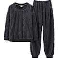 Miniatyrbilde 2 av 3: HAUFR Dame Fluffy Fleece Pyjamas Set 2 deler Varm Fleece Pyjamas Set Myke nattklær Langærmede Crewneck lommer Bukser Y Black Large