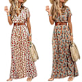 Miniatyrbillede 2 af 3: Dammode Casual Løs Bælte Boho V-ringet Blomster Maxikjole red XL