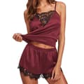 Kvinner ermeløs pyjamas Satin Cami Top + Shorts Pyjamas Set wine red L