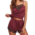 Miniatyrbillede 1 af 4: Kvinder Ærmeløs Pyjamas Satin Cami Top + Shorts Pyjamas Sæt wine red M