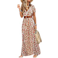 Miniatyrbillede 1 af 3: Dammode Casual Løs Bælte Boho V-ringet Blomster Maxikjole red S