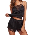 Miniatyrbillede 2 af 5: Kvinder Ærmeløs Pyjamas Satin Cami Top + Shorts Pyjamas Sæt black M