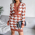 Miniatyrbillede 1 af 3: Houndstooth Print Kjole Kjole V-hals Langærmet Strikket Bodycon Kjole Til Kvinder Brown M