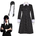 Miniatyrbild 1 av 4: Flickor Onsdagsklänning För Barn Vuxen Med Peruk Långärmad Onsdag Addams Familj Cosplay Kostym Karneval Fest Dress Up Outfit 120