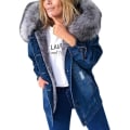 Pikkukuva 1 / 3: Talvi Paksu farkkutakki Naiset Casual Pitkähihainen Turkis Kaulus Hupullinen Lämmin Takki W Dark Blue 2XL