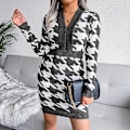 Miniatyrbillede 2 af 4: Houndstooth Print Kjole Kjole V-hals Langærmet Strikket Bodycon Kjole Til Kvinder Black S