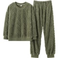 Miniatyrbilde 3 av 3: HAUFR Dame Fluffy Fleece Pyjamas Set 2 deler Varm Fleece Pyjamas Set Myke nattklær Langærmede Crewneck lommer Bukser Y Green Large