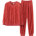 Miniatyrbilde 3 av 3: HAUFR Dame Fluffy Fleece Pyjamas Set 2 deler Varm Fleece Pyjamas Set Myke nattklær Langærmede Crewneck lommer Bukser Y Orange Red X-Large