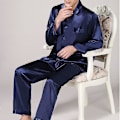 Miniatyrbild 4 av 4: Satin Button-down set för män - 2-delad Silky oungewear Navy blue L