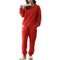 Miniatyrbilde 1 av 3: HAUFR Dame Fluffy Fleece Pyjamas Set 2 deler Varm Fleece Pyjamas Set Myke nattklær Langærmede Crewneck lommer Bukser Y Orange X-Large