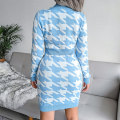 Miniatyrbillede 4 af 4: Houndstooth Print Kjole Kjole V-hals Langærmet Strikket Bodycon Kjole Til Kvinder Light Blue S