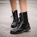 Pikkukuva 2 / 5: Pitsi Pu Nahkasaappaat Naiset Block Heel Mid Calf Kengät Gothic Punk Low Heel Saappaat W 41