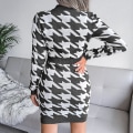 Miniatyrbilde 4 av 4: Houndstooth Print Kjole Genser V-hals Langærmet Rutet Bodycon Kjole For Kvinner Black S