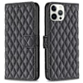 Miniatyrbillede 1 af 2: BINFEN COLOR Stødsikkert pungetui iPhone 12 Pro Max 6,7 tommer, BF Style-14 Påtrykt rombemønster Vegansk læder Mat anti-slid telefon cover med stativ Black