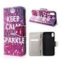 Miniatyrbillede 1 af 2: iPhone Xr læder flip cover med mønsterprint - Citat Keep Calm And Sparkle Multicolor