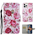 Miniatyrbillede 1 af 2: Mønstertryk læder telefon pung cover stativ taske med rem iPhone 13 Pro 6,1 tommer - Rose Pink