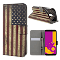 Miniatyrbillede 1 af 2: Samsung Galaxy J6 mobiletui i kunstlæder med printet mønster samt stativ - Retro USA flag Multicolor