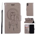Miniatyrbillede 1 af 2: iPhone Xs Max flip cover i læder med aftryk af ugle og drømmefanger - Grå Silver grey