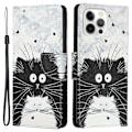 Miniatyrbillede 1 af 2: Vegansk lædermønstertryk til iPhone 14 Pro Max, Cross Texture Stand Wallet Folio Flip Phone Cover med håndrem - To Katte White