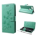 Miniatyrbillede 1 af 2: Huawei Honor 9 Lite stemplet sommerfugl blomster PU læder flip etui - Cyan Green