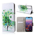 Miniatyrbillede 1 af 2: Huawei P20 Printet Mønster PU læder flip etui - Grøn Træ Multicolor