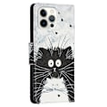 Miniatyrbillede 2 af 2: Vegansk lædermønstertryk til iPhone 14 Pro Max, Cross Texture Stand Wallet Folio Flip Phone Cover med håndrem - To Katte White