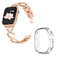 Miniatyrbillede 1 af 2: Apple Watch Ultra urrem i rustfrit stål med rhinestone-dekor og klart cover - Rødguld Pink
