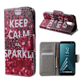Miniatyrbillede 1 af 2: Samsung Galaxy A6 mobiletui i lædermateriale med printet møsnter samt magnetlukning og kortlommer - "Keep Calm and Sparkle" Multicolor