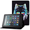 Pikkukuva 1 / 2: Amazon Fire 7 (2022) viileä kuvio nahkakotelo - Lasit Susi Multicolor