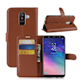 Miniatyrbillede 1 af 2: Samsung Galaxy A6 Plus mobiletui i kunstlæder med Litchi overflade. Indbygget pung og stander - Brun Brown