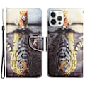 Miniatyrbillede 1 af 2: Mønsterudskrivning stander etui iPhone 14 Pro Max, Cross Texture Vegansk læder og fleksibel telefonpung Folio Flip Cover - Tiger Multicolor