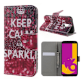 Miniatyrbillede 1 af 2: Samsung Galaxy J6 beskyttelsesetui i lædermateriale med printede mønstre og magnetisk lukkeklap - "Keep calm and Sparkle" Multicolor