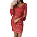 Miniatyrbild 1 av 4: Kvinnors Sekvensdress Glitter Glimrande Sexy Djup V-ringad Kort Klänning Över Knä Längd Lång Fransärm Klänning Red 3XL