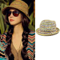Miniatyrbillede 3 af 5: Halm Jazz Hat Boho Halm Strandhatte Boho Halmhat Sød Stribet Sommerkasket
