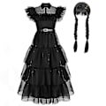 Miniatyrbillede 2 af 4: Kvinders Wednesday Addams Kostume Sæt - Gotisk Mesh Kjole XL With Wig