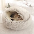 Miniatyrbillede 1 af 4: Fluffy Katteseng Rund Blød Plys Hule med Hætte Vintervarm