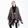 Miniatyrbilde 3 av 4: Vinter Sjal Wraps Poncho Kappe - Kvinners Varmt Åpent Foran Trykt Reversibel Overdimensjonert Teppe Red wine