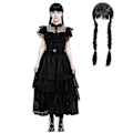 Miniatyrbillede 1 af 4: Kvinders Wednesday Addams Kostume Sæt - Gotisk Mesh Kjole L With Wig