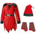 Miniatyrbild 1 av 5: Santa Elf Sekvenskläder för Barn Flickor Jul Fancy Up Kostym 3-4 Years Red